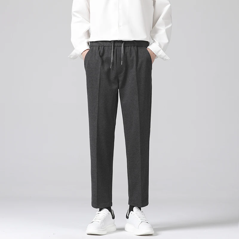 

Men Woolen Casual Suit Pants Ankle Length Autumn Winter New Drawstring Elastic Waist Business Slim Male Nine Points Trousers