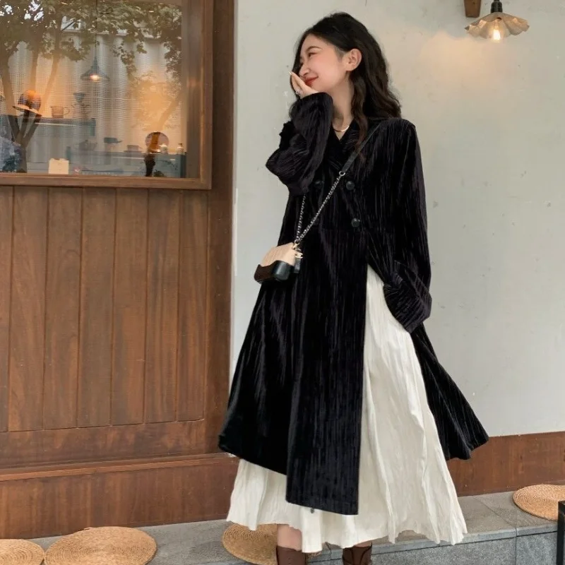 Женский тренчкот с бархатной подкладкой черный длинный в Корейском стиле