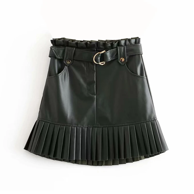 

Stylish chic PU leather women skirt ruffles bow tie sashes pockets zipper fly skirts pleated female mini skirts mujer 4 colors