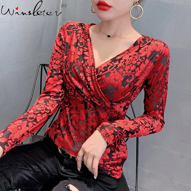

Spring Fall European Clothes T-Shirt Fashion Sexy V-Neck Print Flower Women Tops Bottoming Shirt Long Sleeve Tees 2021 T16406A