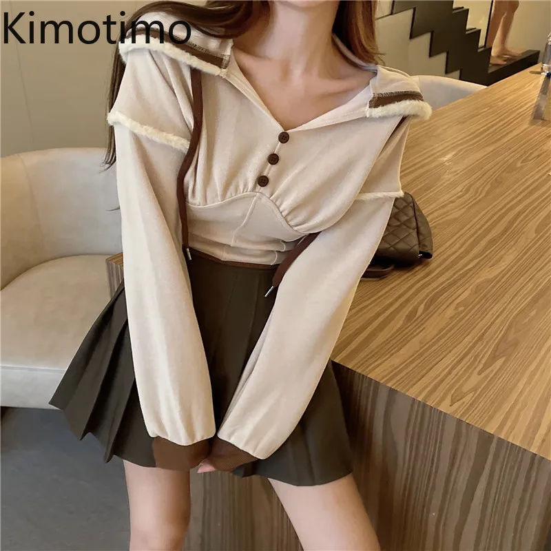 

Kimotimo Women Hooded Sweatshirt Women Autumn Winter Waist Drawstring Crop Top Korean Ins Design Slim Long Sleeve Casual Hoodies