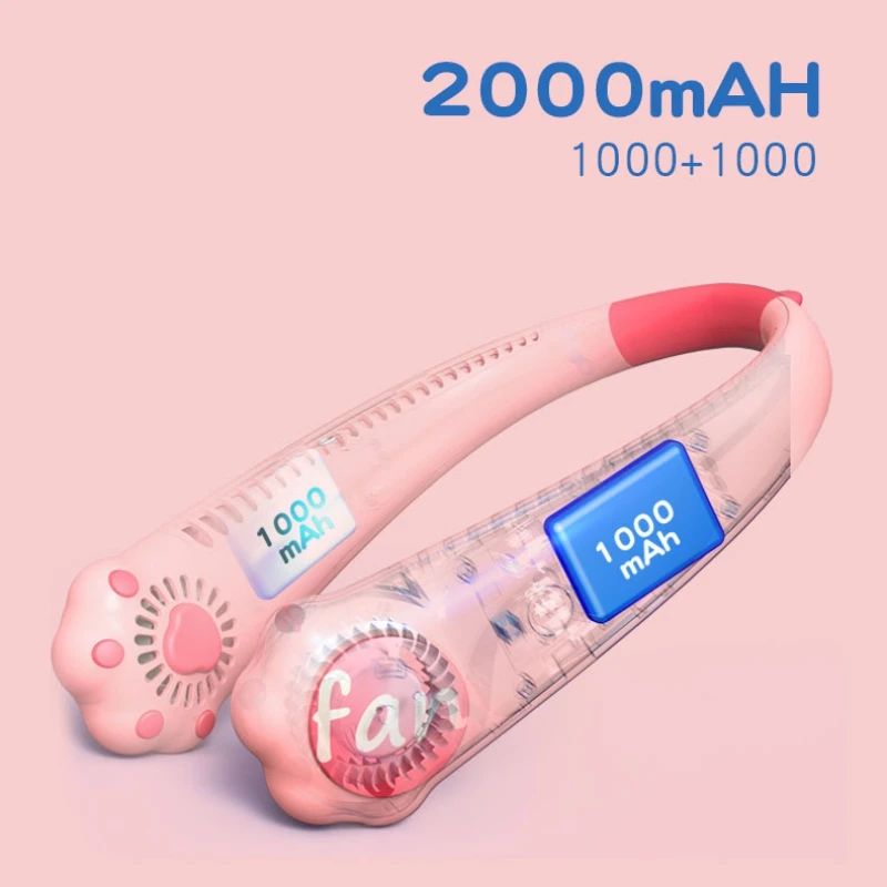 

Cartoon Cat Paw Hanging Neck Fan Mini portable hanging neck USB Electric Quiet Fan Free hands comfortable to wear