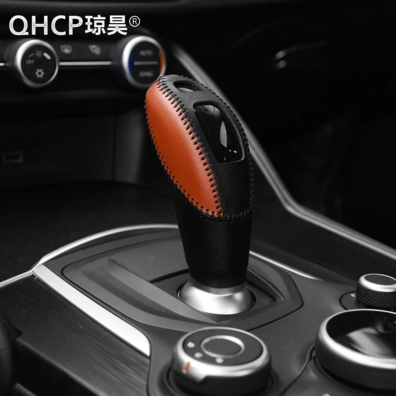 

QHCP Leather Gear Knob Cover Trims Hand Sewing Gear Head Decorative Stickers Black Red Black Brown For Alfa Romeo Giulia Stelvio