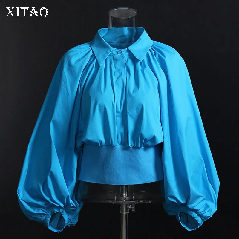 

XITAO Patchwork Wrinkle Solid Shirt Women 2021 Autumn Casual Fashion New Style Temperament All Match Puff Sleeve Shirt WMD3233