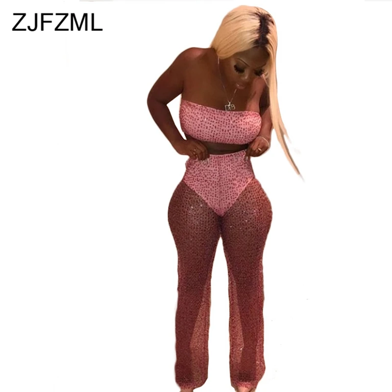 Pink ZJFZML плюс размер комплект из 2 предметов женская одежда без бретелек сзади молния короткий топ+ высокая талия широкие брюки сетка одежда с блестками - Цвет: Pink