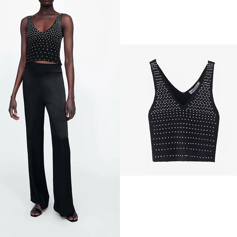 Женская винтажная блузка с блестками ZA трикотажные топы глубоким V образным