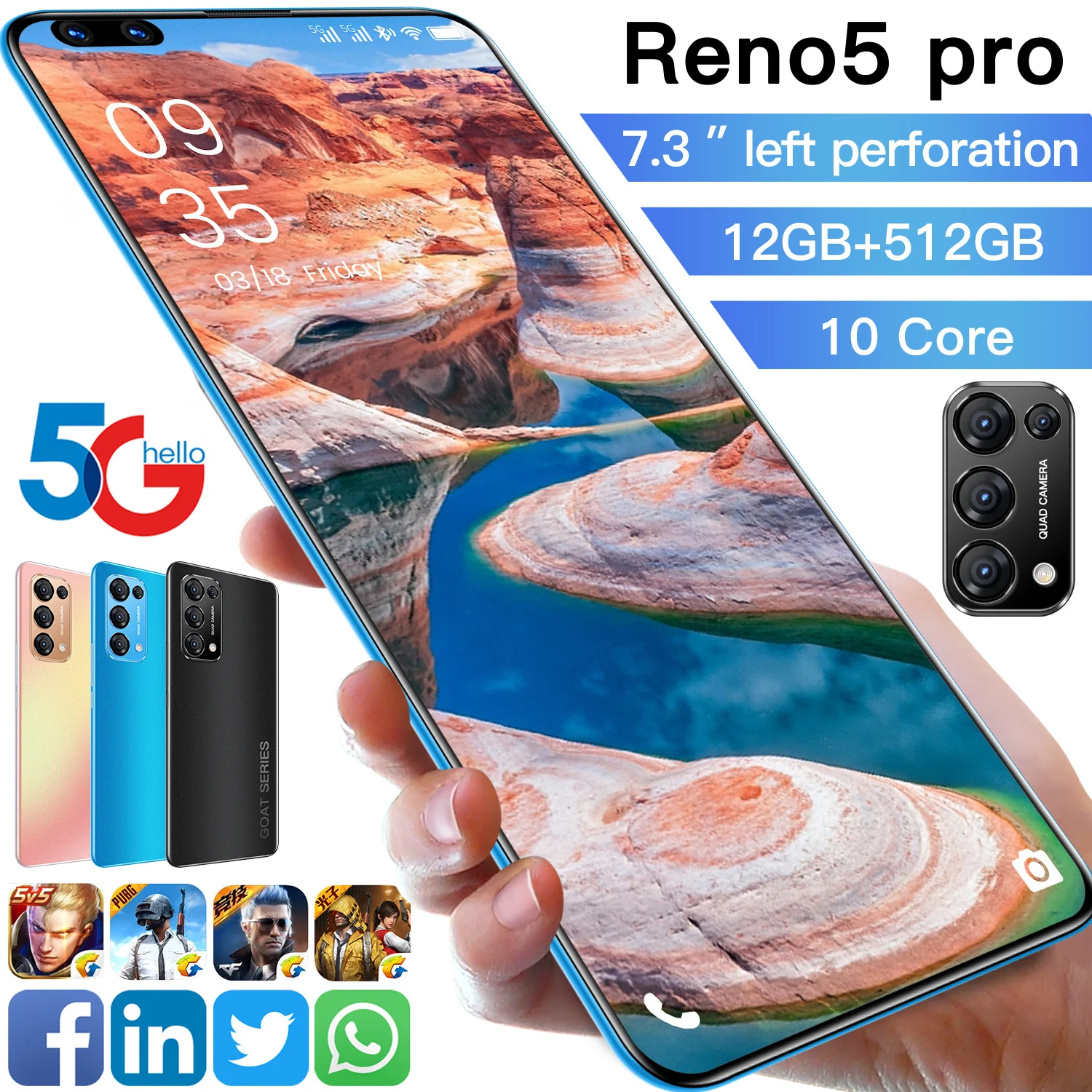

7.3" Full Screen Newest Reno5 Pro 5000mAh 5G 12GB 512GB 16MP+28MP MTK6797 10 Core Face ID Global Version Mobile Phone Smartphone