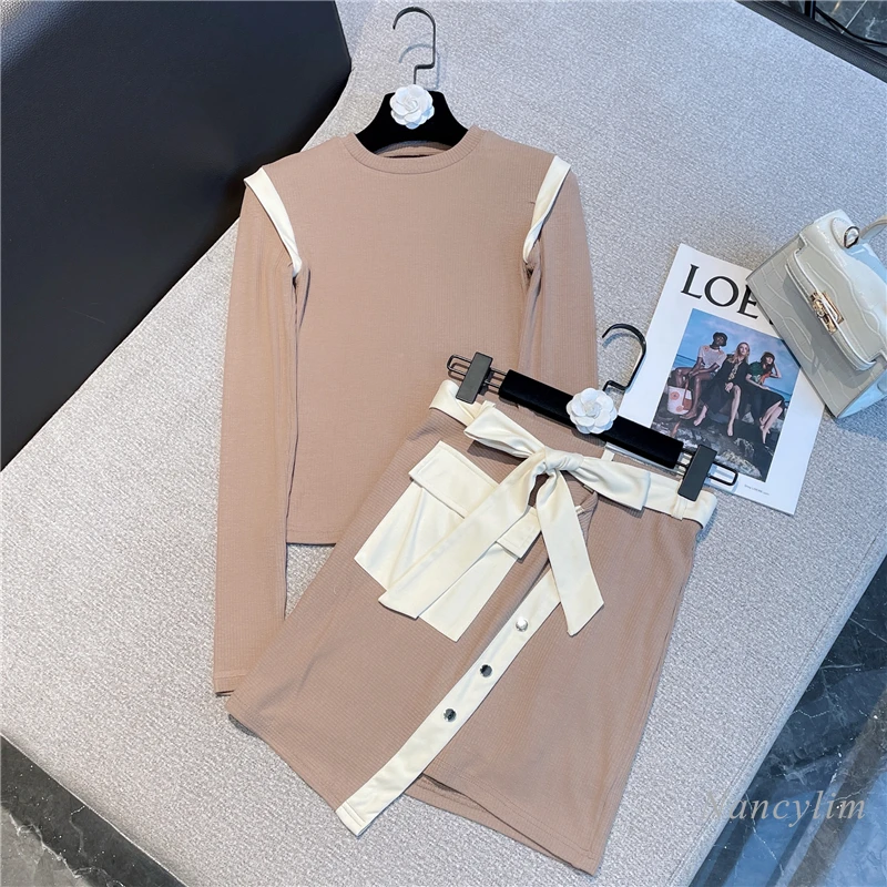Женский комплект из двух предметов, облегающая футболка с круглым вырезом и длинным рукавом и мини-юбка на шнуровке, Осень-зима 2021