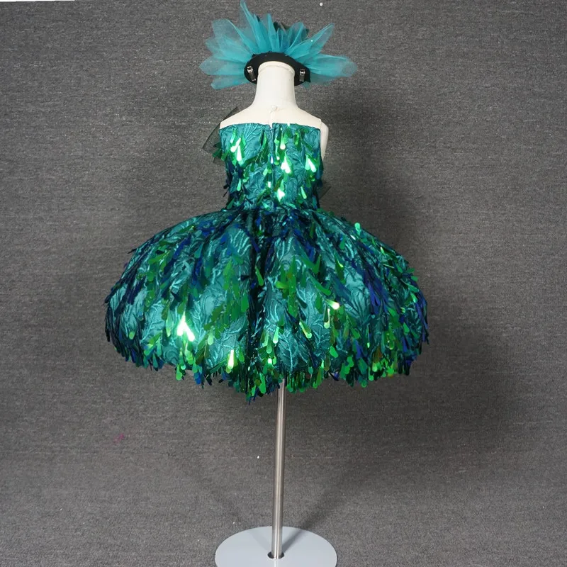 Зеленые платья с блестками цветами для девочек бальные роскошные Детские на день