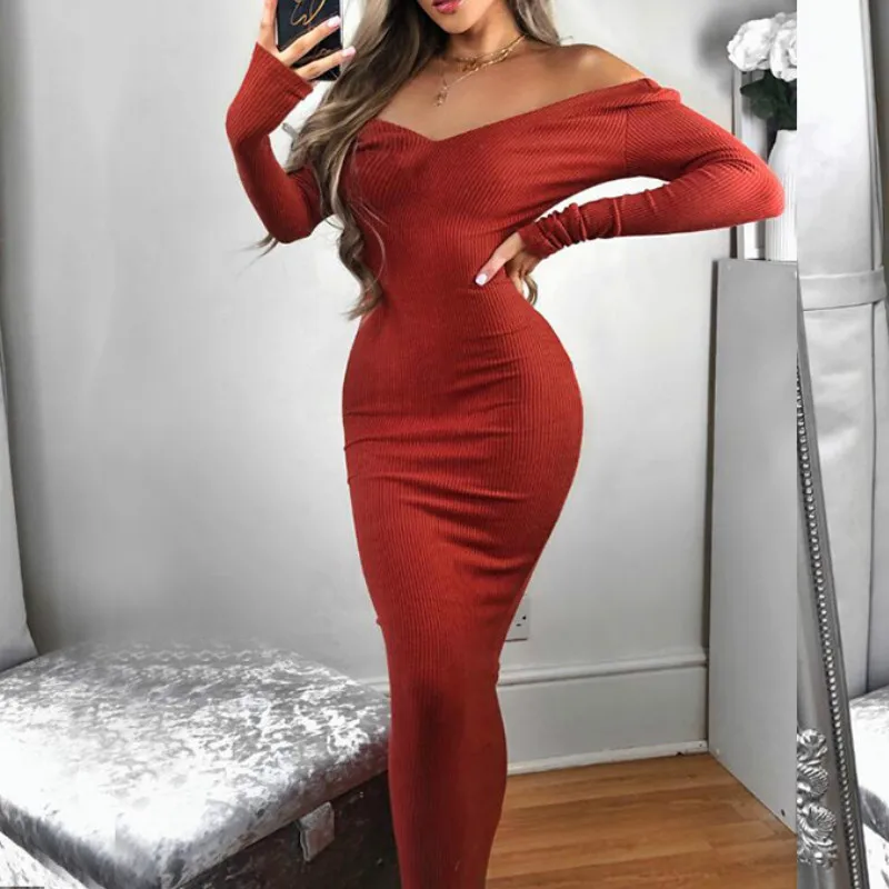 Осеннее облегающее сексуальное трикотажное платье с длинными рукавами для