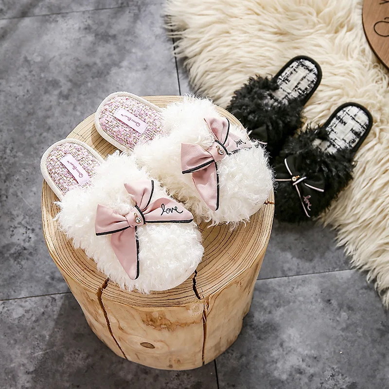 New Autumn And Winter Slippers Fashion Simple Cute Bowknot Indoor Slippers Warm Non-Slip Floor Solid Color Soft Plush Slippers