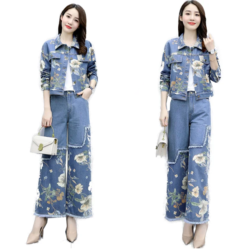 

Костюм женский джинсовый, короткая куртка из денима в стиле ретро, брюки с широкими штанинами, пальто большого размера с принтом, весна-осен...