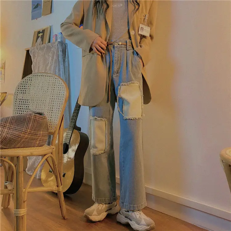 

Spring and autumn Korean version new Retro High waist jeans women's versatile loose straight pants personality patch wide leg