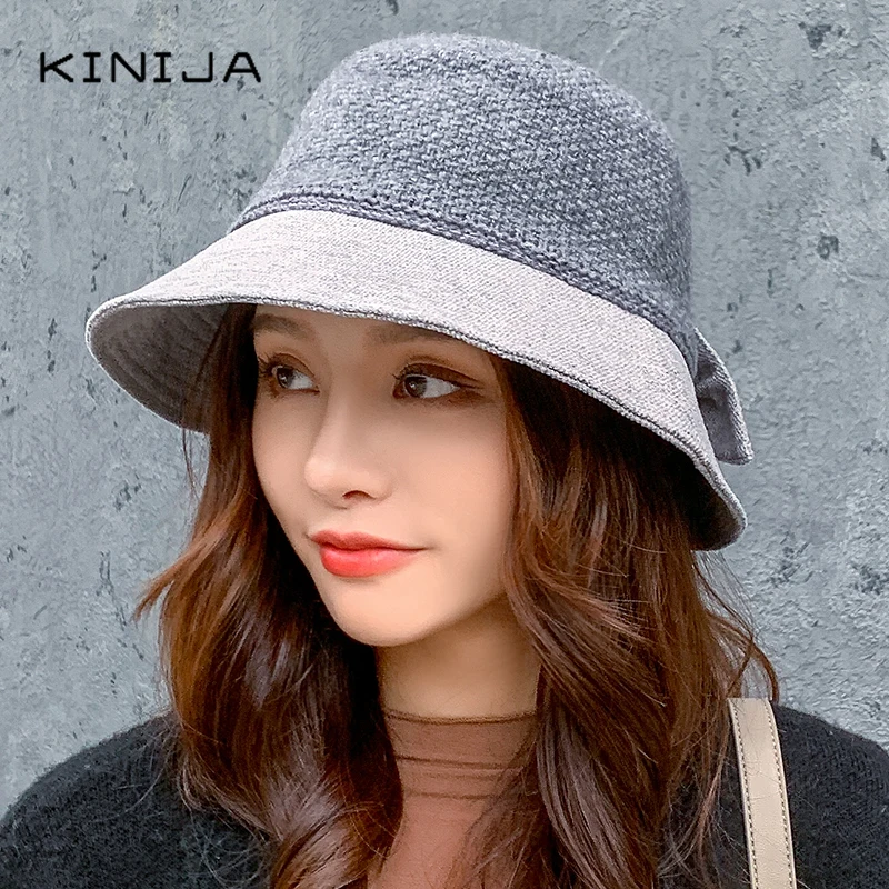 Шерстяные женские шапки с большим бантом Женская шерстяная шляпа женская шапка