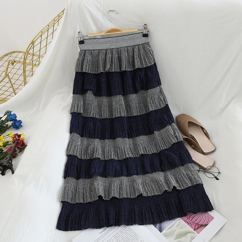 Многослойная юбка макси Cakee серебристая блестящая плиссированная до щиколотки с