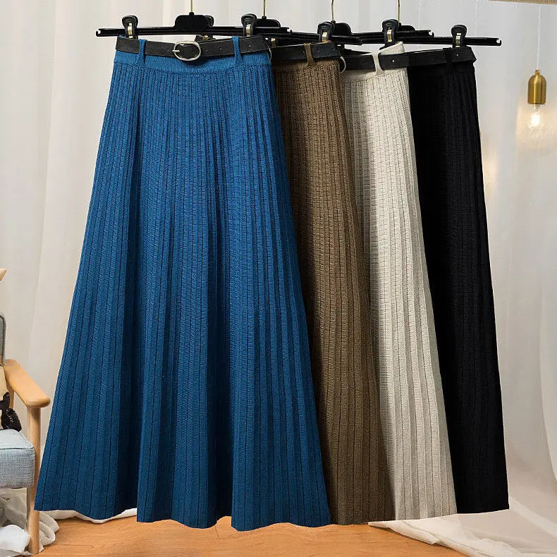 

Женская трикотажная юбка средней длины, элегантная трапециевидная юбка с драпировкой в рубчик, повседневная юбка с поясом на резинке, модел...