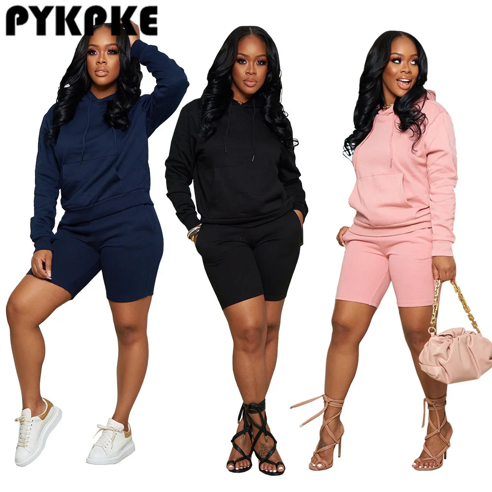 

Женский однотонный повседневный комплект из двух предметов, толстовка с капюшоном и длинными рукавами и карманами + шорты, костюм для бега