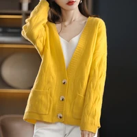 autumn winter new 100 pure wool cardigan women korean style plus size loose sweater big v neck thick keep warm knitted jacket