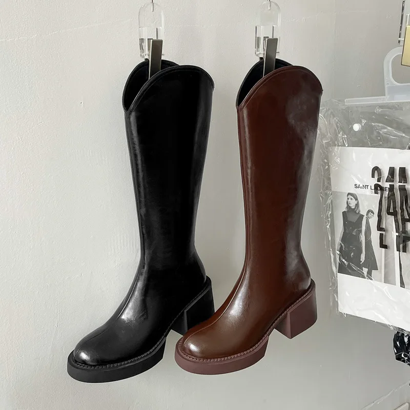 

2021 Fall New Style V Port Soft PU Leather Knee-High Boots for Women Solid Casual Round Toe Womens Platform Heels Winter Boots