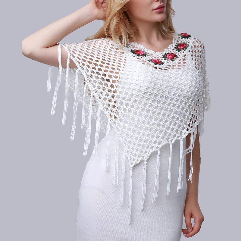 Summer Women High-grade Crochet Hook Flower Fringed Cloak Knitting Hollow Out Female Irregular Shawl Top | Женская одежда