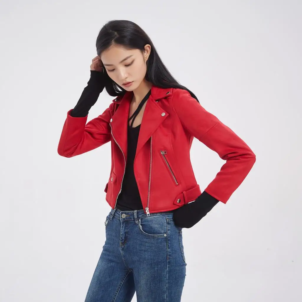 2021 New Elegant Autumn Winter Zipper Basic Suede Jacket Coat Motorcycle Jacket Women Outwear Red Slim Short Winter Jackets