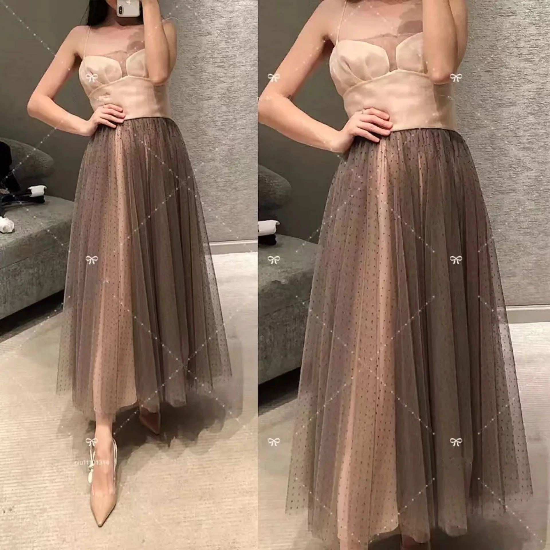 

summer women 2021 runway real silk dots mesh elegant party evening dresses sexy spaghetti strap big hem long dress y350