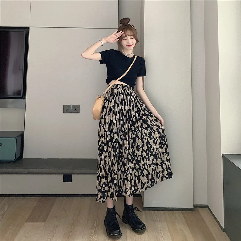 

POUNGDUDU 2021 Spring Leopard Skirts For Women Skirts Woman Pleated High Waisted Elastic Chiffon Korean Style Girl All-Match