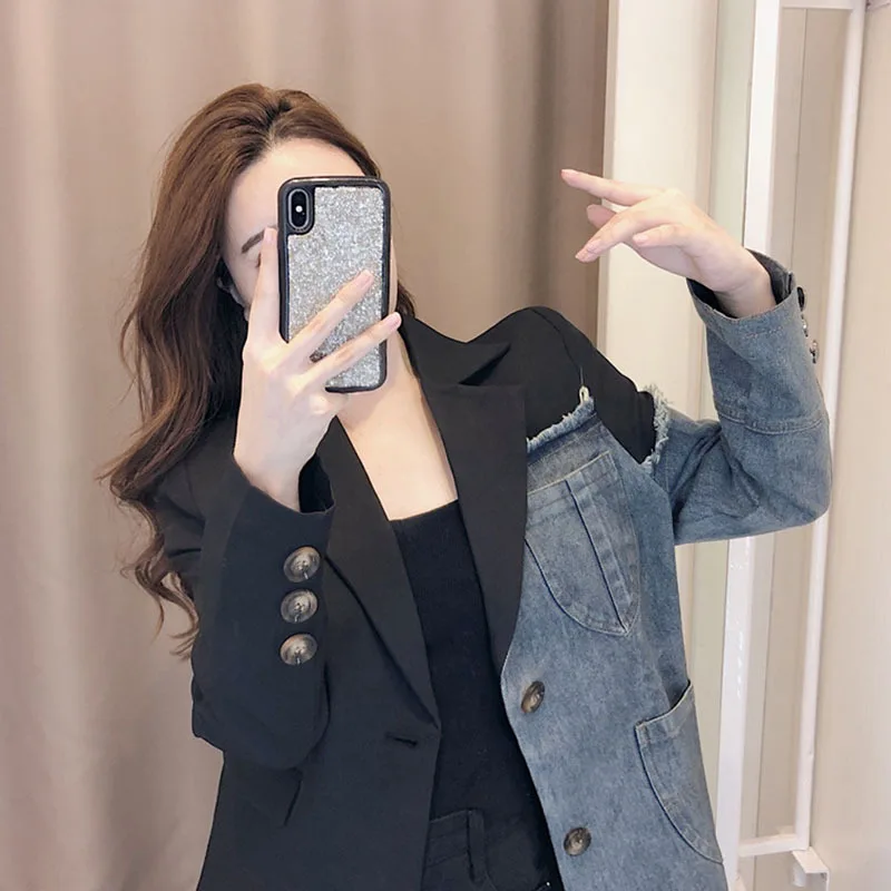 

2021 Spring Fashion New High-Quality Denim Stitching Loose And Irregular Design Sense Of Suit Jacket Women's Top Trendy H192