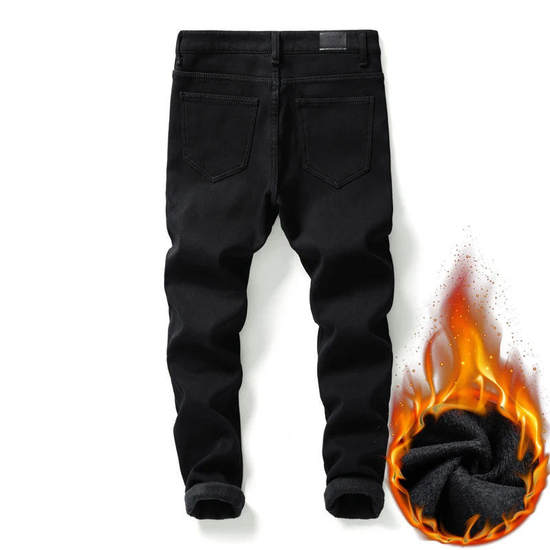 

SHAN BAO Men's Slim-fit Pure Black Jeans Winter Fleece Thick and Comfortable Warm Brand Clothing Youth Trend Boy Denim Jeans