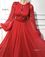 red muslim evening dresses 2018 a line long sleeves chiffon lace islamic dubai kaftan saudi arabic long evening gown prom dress