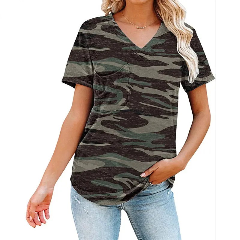 

V Neck T Shirt for Women Camouflage Fashion New Arrival Tops Short Sleeve Pocket Casual Fitness Tracksuit Women Shirts Summer