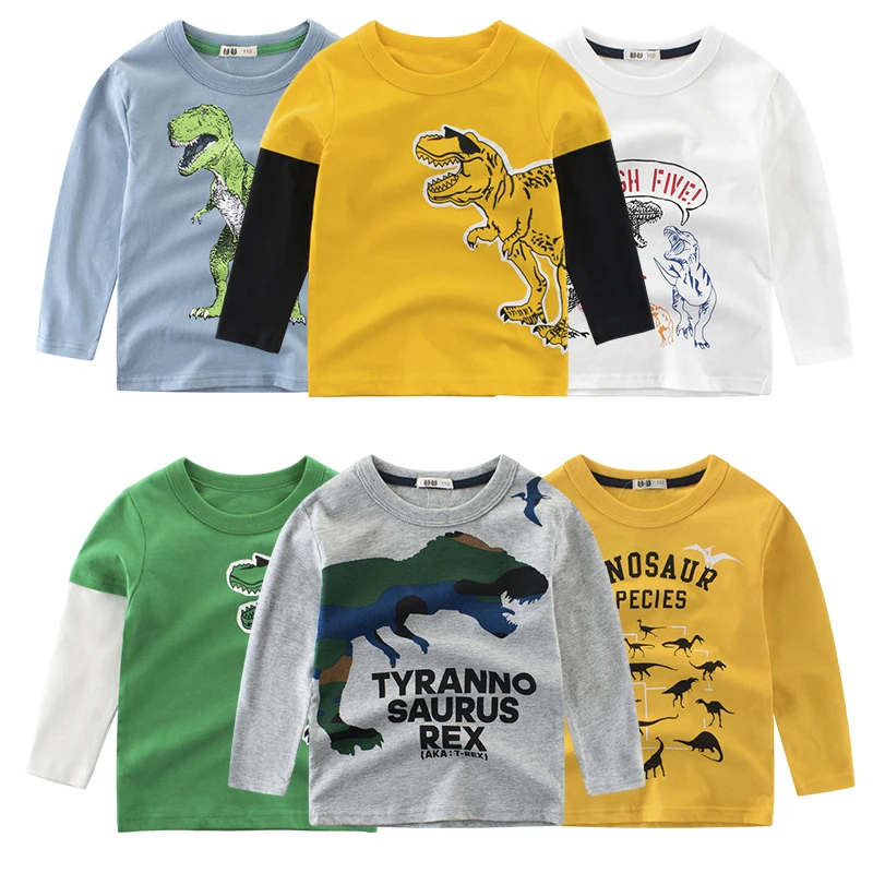 

Kids Dinosaur Printed Long Sleeve Shirts White Clothing For Baby Boys Girls Round Neck Splicing Autumn Sports Outwear Pajamas