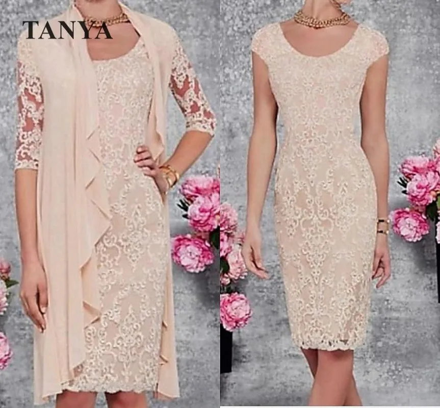 

Two Piece A-Line Mother of the Bride Dress Wrap Included Jewel Neck Knee Length Lace Half Sleeve With Appliques