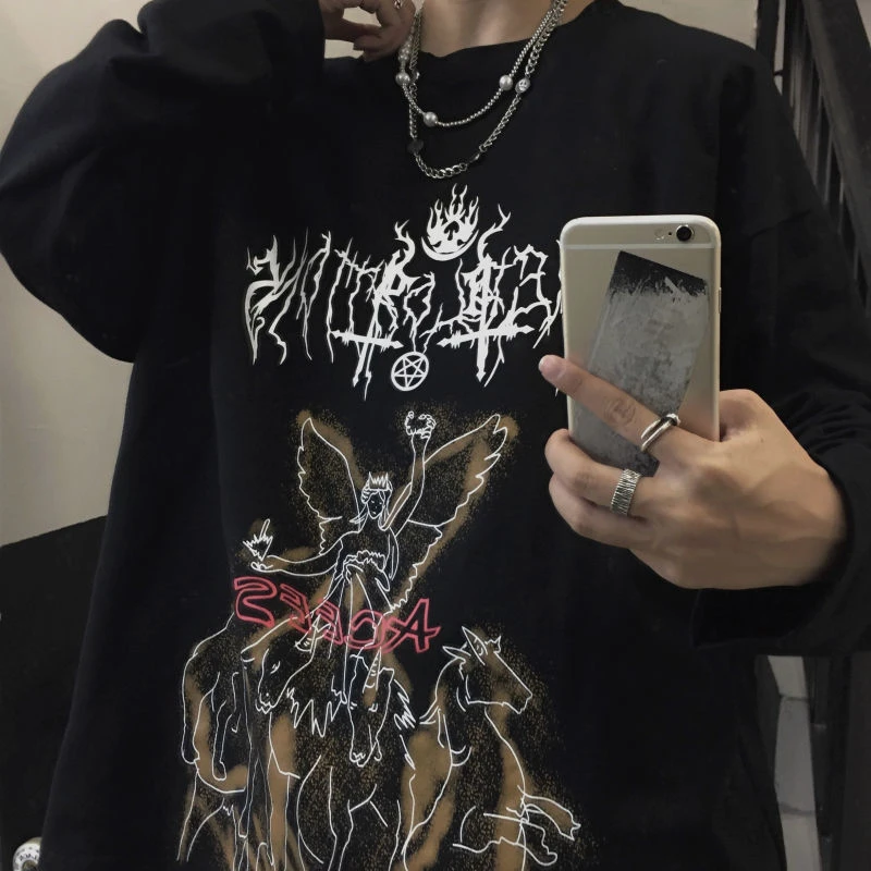 Футболка мужская с длинным рукавом готическая ретро-футболка принтом граффити