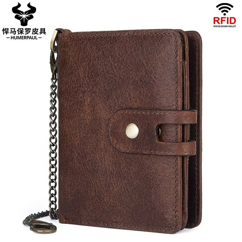 Retro Men's Wallet RFID Crazy Horse Cowhide Multifunctional Men's Coin Purse Leather Buckle Clutch