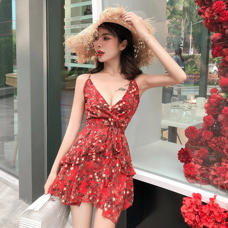 MUMUZI сексуальное платье спагетти с v образным вырезом Ретро стиль цветочный принт
