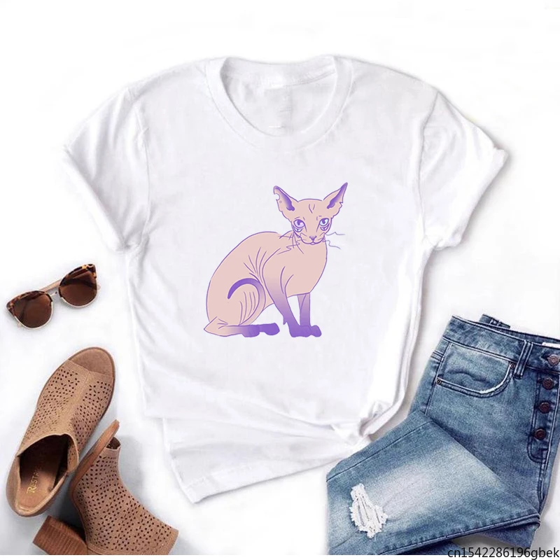 

Hairless Cat Print T-Shirt Women Casual Round Collar Tops Pure Color Short Sleeve Clothes for Girl