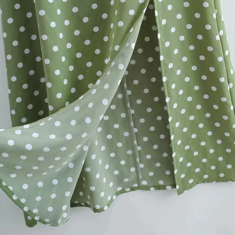 

French Vintage Polka Dot Print Women Dresses O-neck Shirring Lantern Sleeve Split Vestidos 2021 Summer New Fashion Ropa Mujer