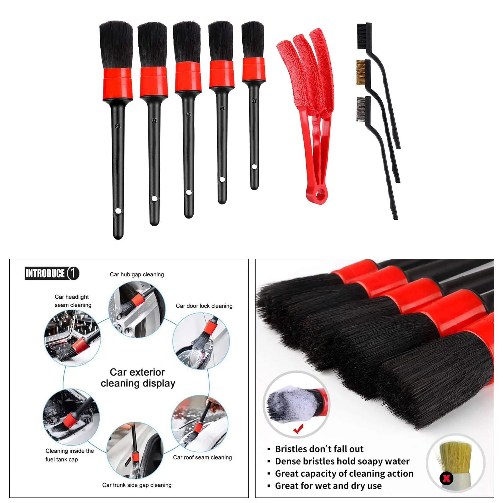 

Набор Щеток Для детейлинга автомобиля, комплект из 9 щеток с пластиковой ручкой для ухода за автомобилем