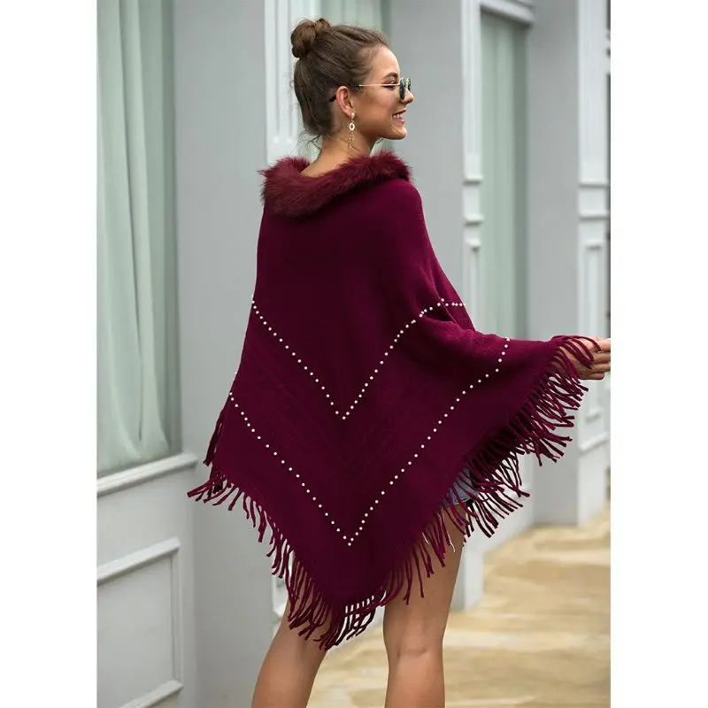 

Womens Plush Collar Knitted Pullover Sweater Top Fringe Tassel Shawl Wrap Batwing Faux Pearl Beading Geometric Striped Poncho Ca