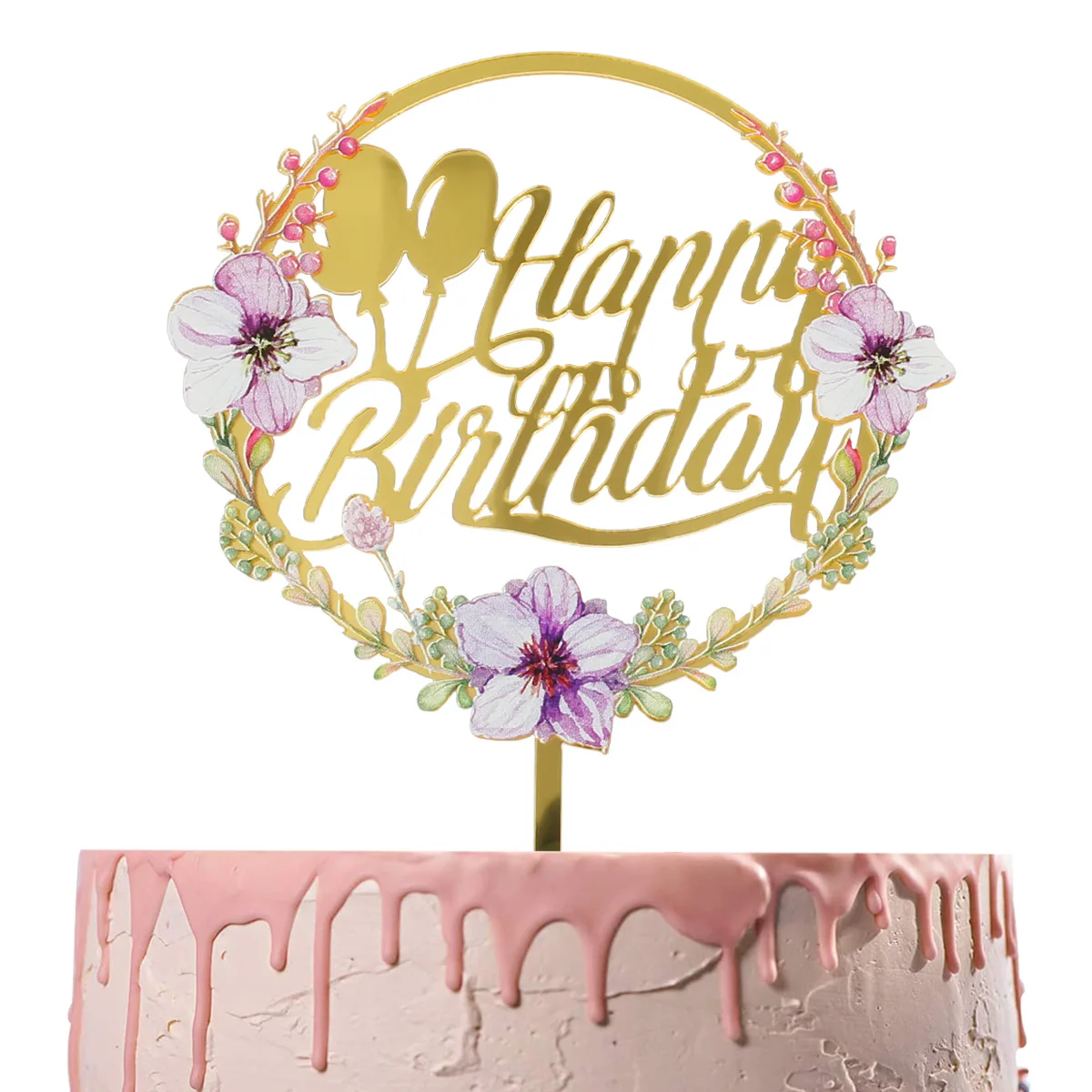 

Flowers Cake Toppers Acrylic Handmade Happy Birthday Cake Toppers Round Cupcake Topper Glitter Birthday Party Cake Decoration