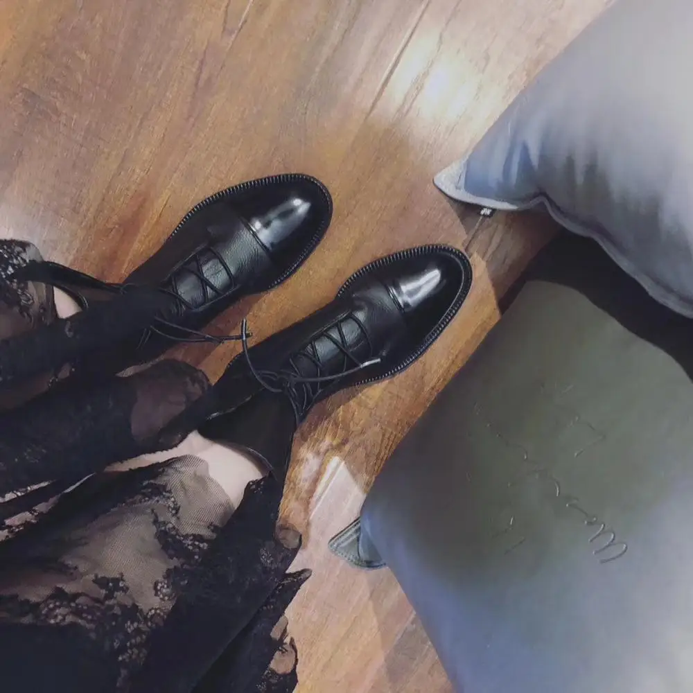 

Vibsterimma New 2019 Black Leather Lace Up Ankle Boots Women Genuine Leather Booties Snow Boots Motorcycle Boots