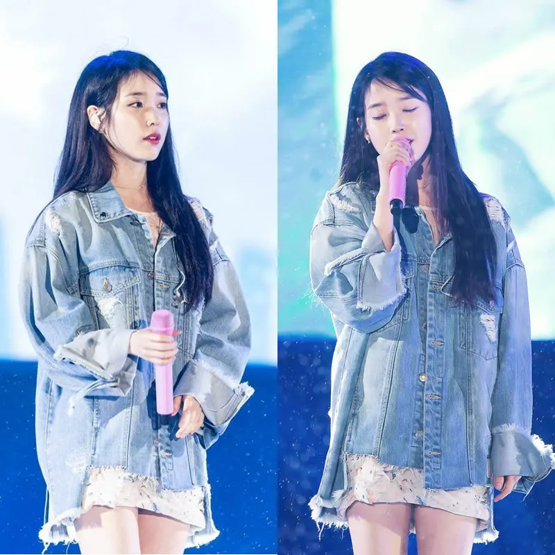 Kpop IU Lee Ji Eun 2021 Осенняя теплая Корейская уличная синяя джинсовая куртка Женская