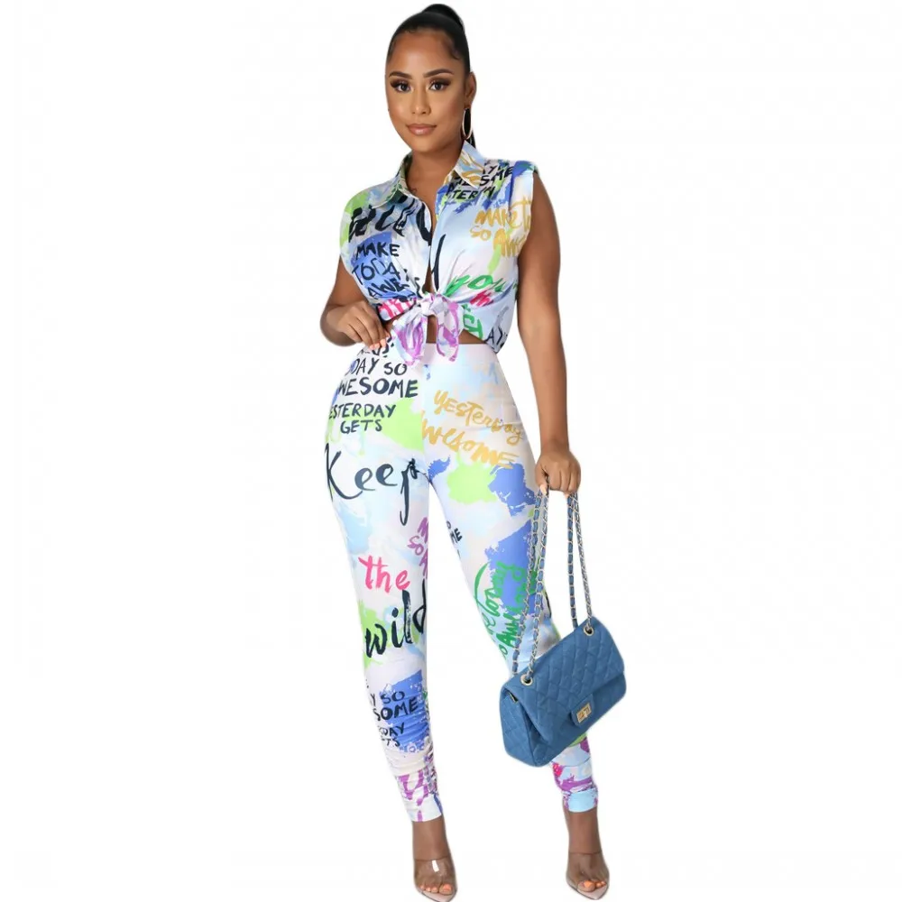 

2 Piece Women Set Slim Letter Pants And Sleeveless Shirt Blouse Top Summer Fashion Print Office Lady Suit Outfits Matching Sets
