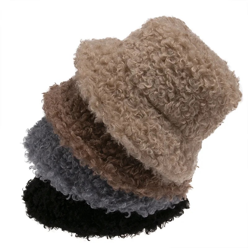

New Outdoor Warm Lamb Faux Fur Bucket Hat Black Solid Fluffy Fishing Cap Panama Bob Fisherman Gorros Women Winter 2021