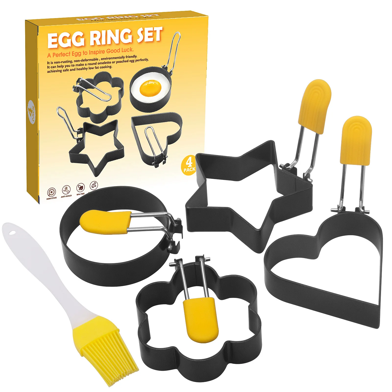 

4 Shapes Of Egg Rings(oil Brush Included) Egg Rings, Non-stick Egg Cooker Ring Round Heart Star Flower Shaped Egg Mold
