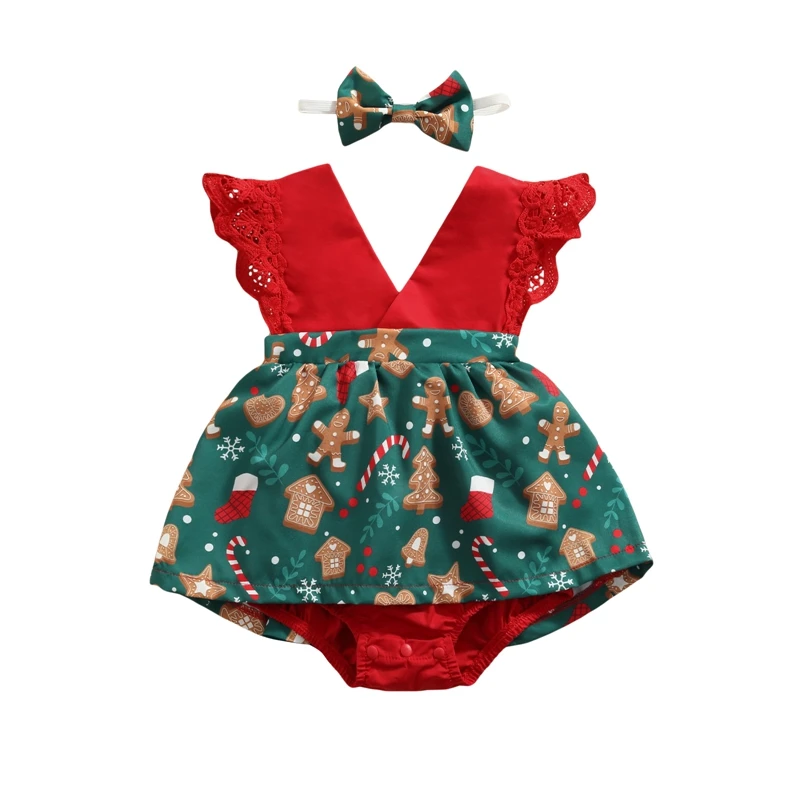 

0-18M Christmas Baby Girls Boys Cute Romper 2pcs Lace Fly Sleeve V Neck Santa Plaid Snowflake Print Jumpsuits Headband