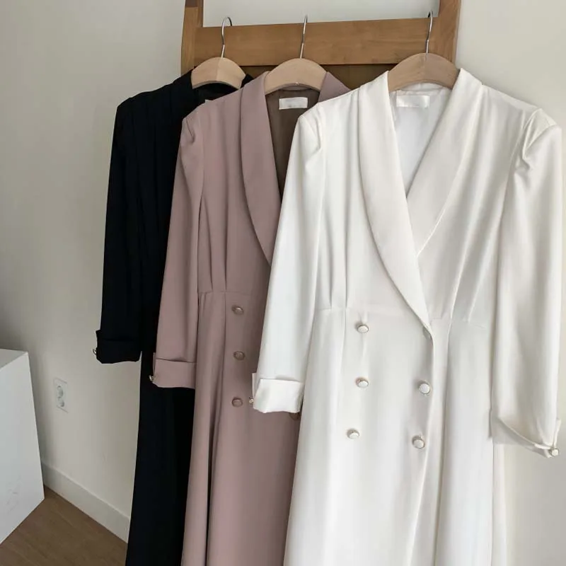 

2021 New French Spring Elegant Double Breasted Belted Sashes Women Suit Dress Autumn Office Long Sleeve Slim Waist Female Dress
