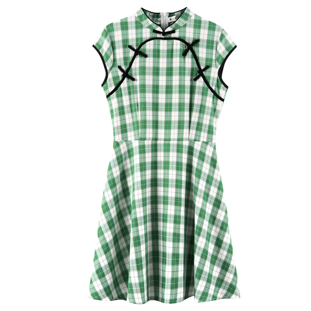 

2021 Summer New Plaid Print Green Qipao Fashion Vintage Elegant Daily Wear Short Qipao Dress Plus Size Chipao 3XL 4XL Cheongsam