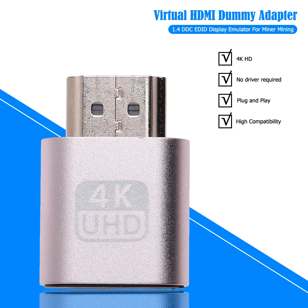 

4K HDMI-compatible DDC EDID Dummy Plug Headless Ghost Display Emulator Virtual Display Adapter for Bitcoin Mining